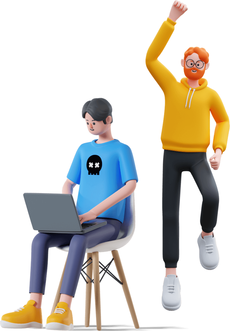 An illustration of a man jumping celebrate anther on a chair using a laptop