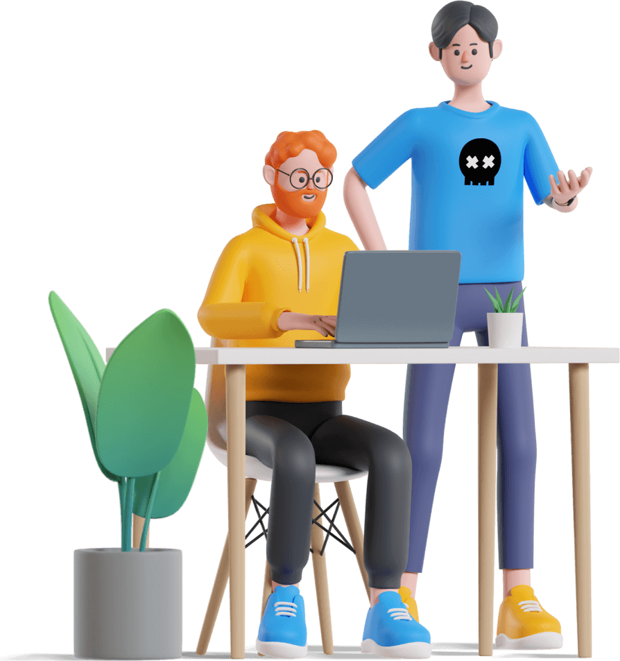 An illustration of two men, one working at a desk the other stood next to him